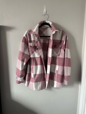 Plaid Utility Shacket Jacket in Dusty Pink and White